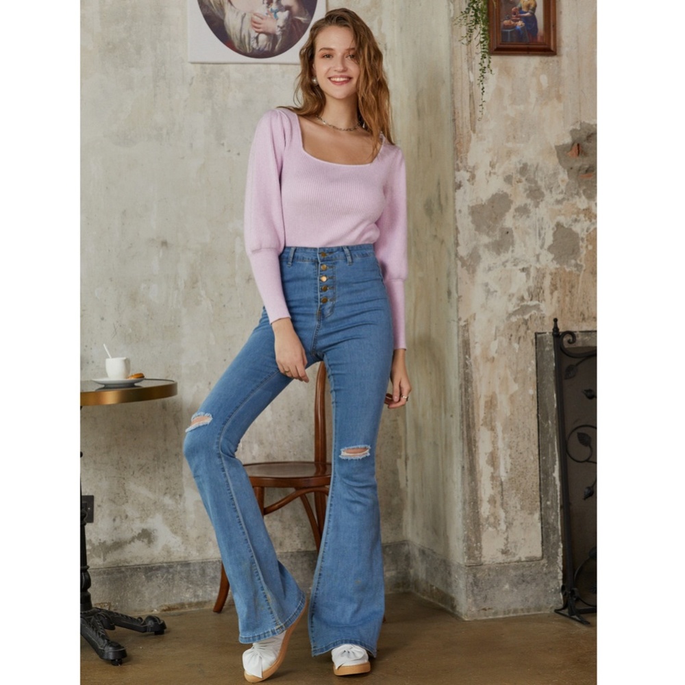 Lilac Puff Sleeve Square Neck Knit Top - Picture 9 of 12